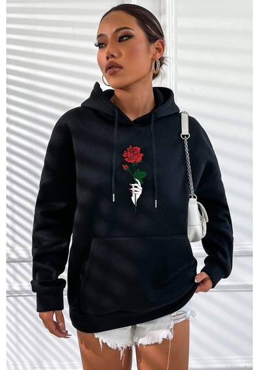 Rose Baskılı Sweatshirt Siyah