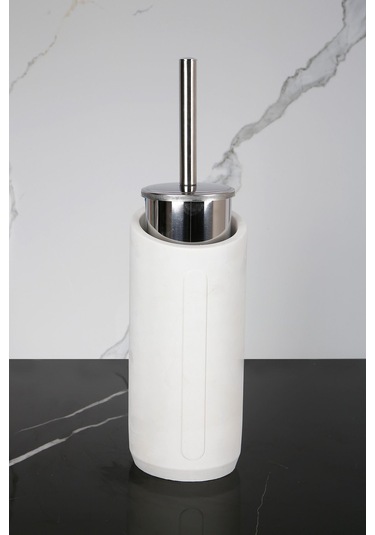 Betonmall 4 Parça Mermer Desenli Beton Banyo Wc Seti Tuvalet Fırçası Çöp Kovası 4 Litre - Sade Beyaz Sade Beyaz