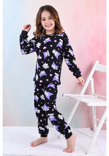 Zuzunga Kuromi Desenli Kız Çocuk Pijama Takımı Pembe 3-8 Yaş Siyah