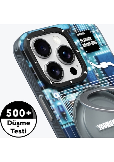 İphone 14 Pro Max Uyumlu Kılıf Magsafe Şarj Özellikli Youngkit 360 Standlı Technology Serisi Kapak Mavi