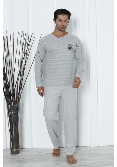 Falkom 5003 İnterlok Kalın Kışlık Çizgili Erkek Ev Pijama Takımı Gri