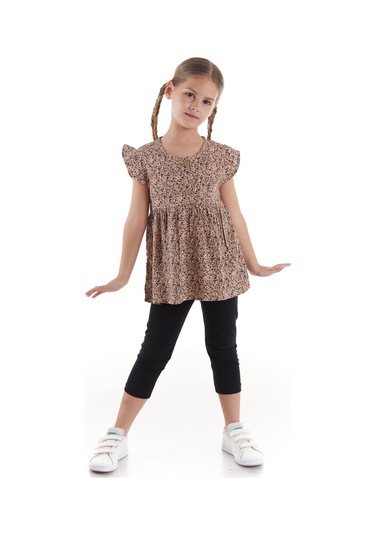 Ahengim Kız Çocuk Takım Vizkon Baskılı Taytlı Alt Üst Takım Pamuklu Ak2522 Bej