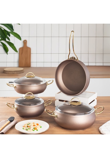 Lines L-5094-2 Yonca Güveç 7 Parça Tencere Seti Bakır Altın Kulp