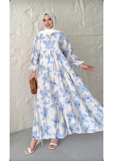 Modal Kumaş Çiçekli Düğmeli Elbise - Mavi Mavi