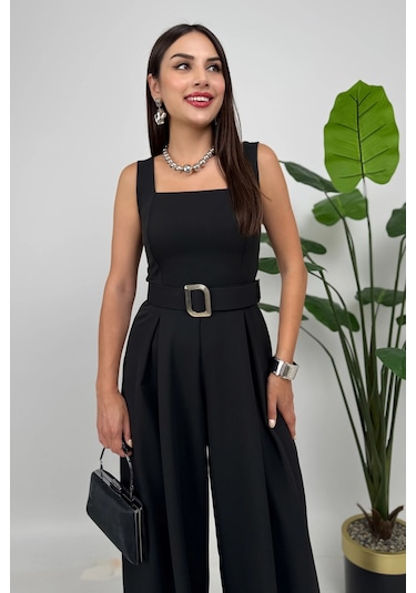 Noir Flow Kadın Siyah Kemerli Askılı Bol Paça Tulum Zarif Şıklık Siyah