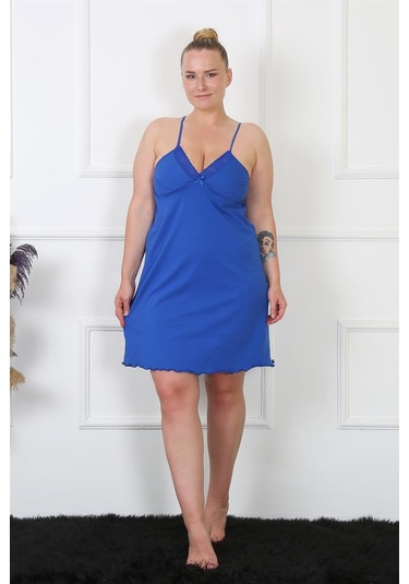 Akbeniz Kadın Sax Pamuklu İp Askılı Büyük Beden Gecelik 985-saks Saks