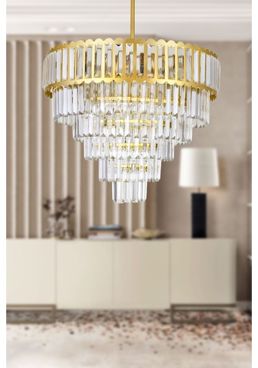 Lora 55 Cm'lik Kristal Cam Taşlı Lüks Avize - Sarı Yaldız Sarı Yaldız