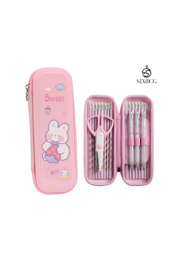 Karikatür Büyük Kapasiteli Su Geçirmez Çift Katmanlı Plastik Kalem Kutusu Pembe