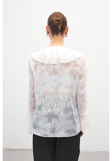 Sateen Fırfır Detaylı Nakışlı Gömlek - Ekru-137183 ekru
