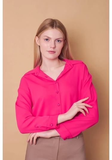 Kadın Yakalı Düşük Omuzlu Uzun Kol Likrasız Kumaş Gömlek-Fujya Fujya