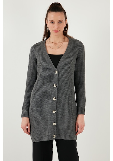 Lela Regular Fit V Yaka Düğmeli Triko Örme Uzun Bayan Hırka 4615044 Koyu Gri