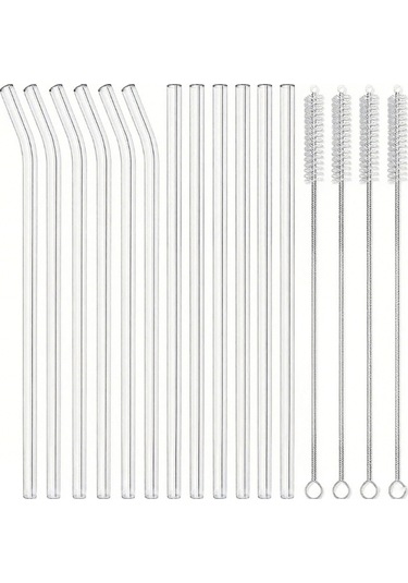 Dofolink 16'lı Tekrarlı Kullanım Cam Pipet Seti: 6 Düz + 6 Eğik Pipet Ve 4 Temizleme Fırçası, Şeffaf Cam, Sütlü İçecekler Ve Meyve Suyu İçin Uygun Şeffaf