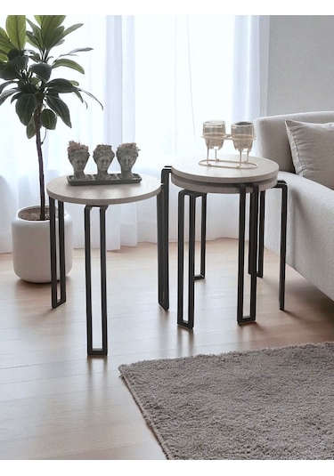 Zigon Sehpa Metal Ayaklı Beyaz Ahşap Yuvarlak Misafir Sehpası 3'lü