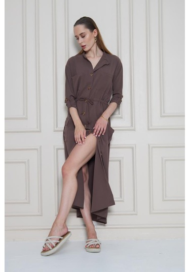 Kadın Yeni Sezon Krep Cepli Uzun Katlanabilir Kollu Büzgülü Elbise Yazlık Günlük Giyçık Kahverengi