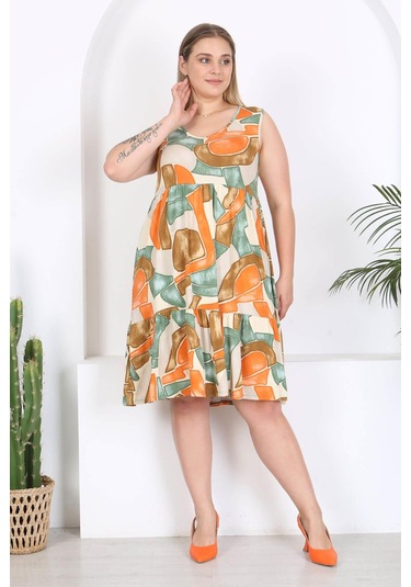 Kadın Turuncu Yeşil Geometrik Desen Büyük Beden Katlı Elbise Turuncu
