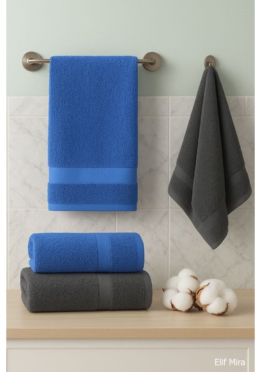 4 Lü Banyo Havlusu Seti %100 Pamuklu 70x140 Cm Pleasure Antrasit-Mavi