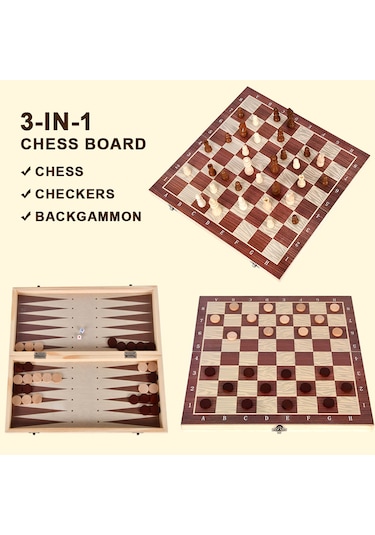 Vkemall 3'ü 1 Arada Ahşap Satranç Dama Tavla Seti Taşınabilir Ahşap Satranç Seti Yetişki