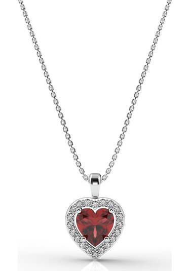 925 Ayar Lal Taşlı Rodyum Pırlanta Görünümlü Kalp Gümüş Kolye Rn10311 Gümüş