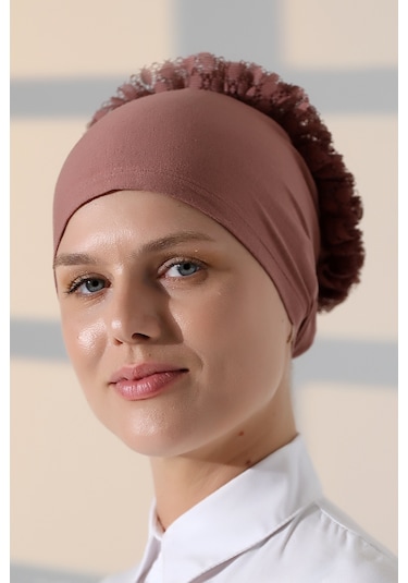 Kadın Fırfırlı Güpürlü Tesettür Topuz Bone - Gül Kurusu Gülkurusu