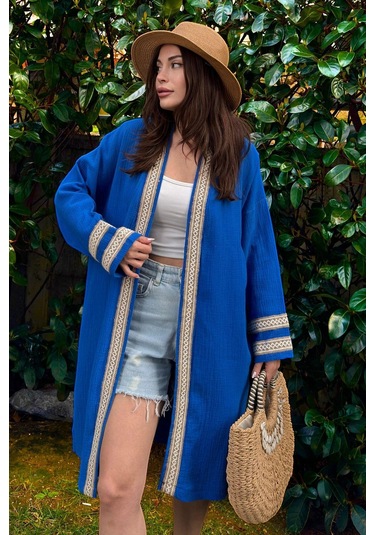 Kadın Saks Müslin Kumaş, Hasır Şerit Detaylı Salaş Kimono Ceket Saks