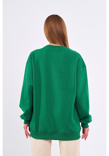 Comeor Yeşil Kadın Pamuklu Oversize Basic Bisiklet Yaka Sweatshirt 001