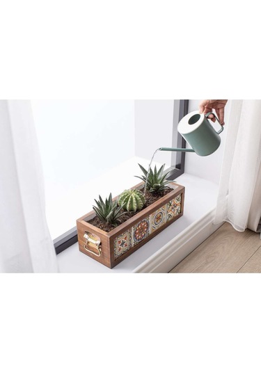 Halohope El Yapımı 4 Meksika Çinili Dekoratif Modern Ahşap Dikdörtgen Bahçe Balkon Saksı Saksılık Çiçeklik