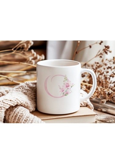 O Harfi Pembe Çiçek Desenli Kupa Bardak - Zarif Pembe Çiçek Tasarım Kahve Çay Kupası - Hediye Beyaz