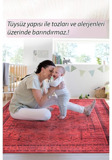 Dorian Eskitme Desenli Dokuma Taban Dekoratif Kırmızı Halı (Al 29