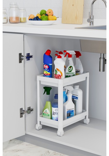 2 Katlı Düzenleyici Mutfak Rafı Banyo Rafı, Dolap Tezgah Altı Evye Altı Deterjanlık - Beyaz Beyaz