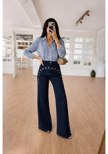 Lijuri Çizgili Oversize Basic Gömlek 3504 Lacivert