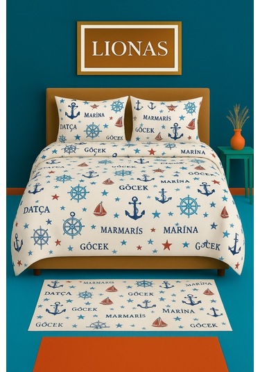 Çift Kişilik Desenli Nevresim + 2 Adet Kapaklı Yastık Kılıfı Deniz Mavisi