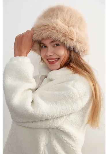 Kadın Kürklü Bucket Kalpak Şapka Rkş-15 Camel Camel