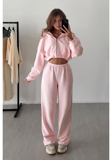 Pembe Geniş Paça Basic Kadın Eşofman Altı Mg2553 Pembe