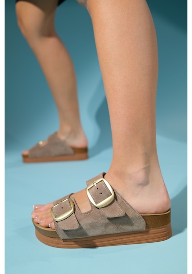 Luvishoes Harbor Kum Süet Çift Bantlı Hakiki Deri Kadın Kalın Tabanlı Terlik Bej