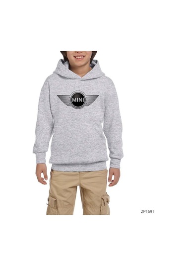 Mini Cooper Logo Gri Çocuk Kapşonlu Sweatshirt Gri