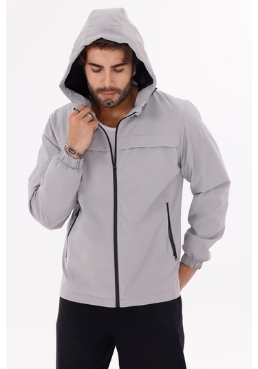 Erkek Kapüşonlu Nova Kumaş Hafif Ve Dayanıklı Şık Mevsimlik Su Ve Rüzgar Geçirmez Yağmurluk Açık Gri