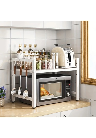 Honeybeeshop Beyaz 38 66cm 2 Katmanlı Genişletilebilir Mikrodalga Rafı Metal Mutfak Tezgahı Depolama Rafı 6 Saç Tokası İle Pratik Ev Mutfak Çözümü
