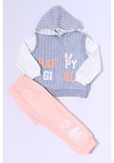 Kız Bebek Yelekli Takım Kapşonlu Çıtçıtlı Tavşan Baskılı A15 Yavruağzı