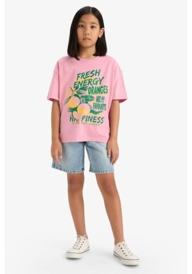DeFacto Kız Çocuk Oversize Geniş Kalıp Bisiklet Yaka Baskılı Kısa Kollu Tişört E0386A825SMPN666 Pembe