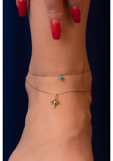 14 Ayar Altın Firuze Taşlı Kuzey Yıldızı Halhal Hal0017 Beyaz