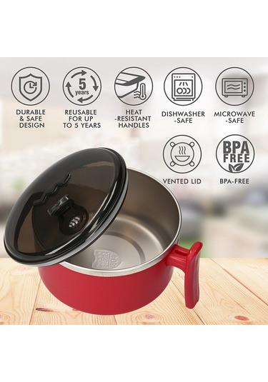 Neevoyu Kırmızı 1000ml 304 Paslanmaz Çelik İçelik Termos Muhallebi Kasesi, Isı Yalıtkan Kollü, Mikrodalga Uygun, Spor/okul/ofis İçin Pratik Mutfak Gereci Kırmızı