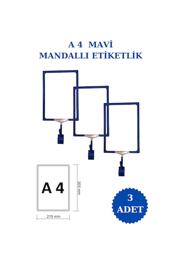 3 Adet Mavi A4 Mandallı Raf Sepet Etiketi Çerçeveli Etiketlik Mavi