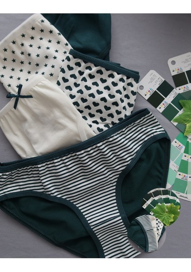 Alya Underwear Kız Çocuk Kalpli Dokuma Lastik Pamuklu Kumaş Slip Külot 5'li Paket 5 Adet Beyaz Koyu Yeşil P22