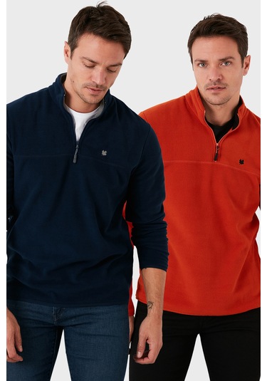 Buratti Slim Fit Anti-Pilling Tüylenme Yapmayan Bato Yaka Şardonlu 2'Li Paket Erkek Polar 5906001S2 Orange-Lacivert