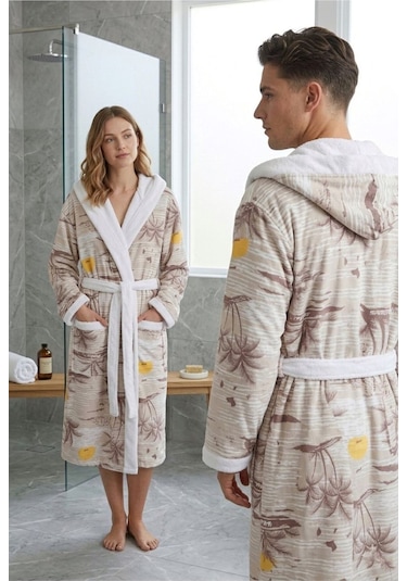 Retro Island Pamuklu Desenli Kapüşonlu Bornoz Bej Güneş Desen