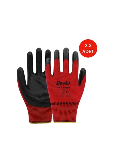 Beybi Pn3 Kırmızı Siyah Nitril Eldiven Xl 10 Numara 3 Lü Paket Kaymaz İş Eldiveni