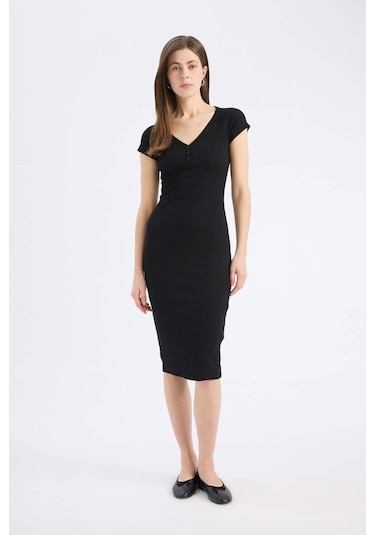 DeFacto Bodycon Vücudu Saran V Yaka Fitilli Kaşkorse Kısa Kollu Midi Elbise E7368AX25SPBK81