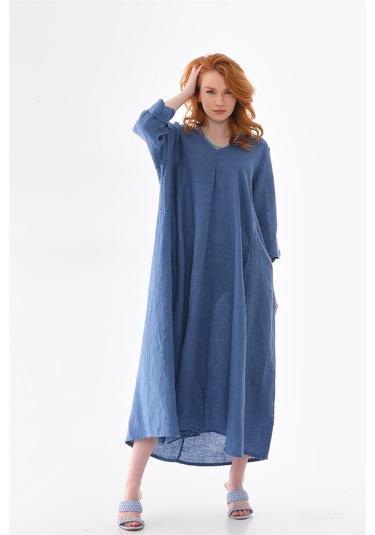 İtalyan V Yaka Uzun Kol Keten Elbise-8907 Petrol Mavisi