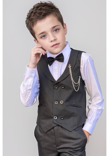 Riccotarz Erkek Çocuk Cepken Yelekli Şal Yaka Siyah Takım Elbise 10-16 Yaş Siyah