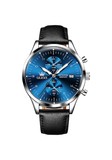 Olevs 2880 Erkekler Çok Fonksiyonlu İş Su Geçirmez Deri Kayış Kuvars İzle Mavi